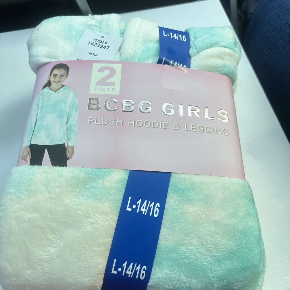 Girls Size L 14/16 BCBG 2-Piece Plush Hoodie & Legging Set Outfit Aqua Black